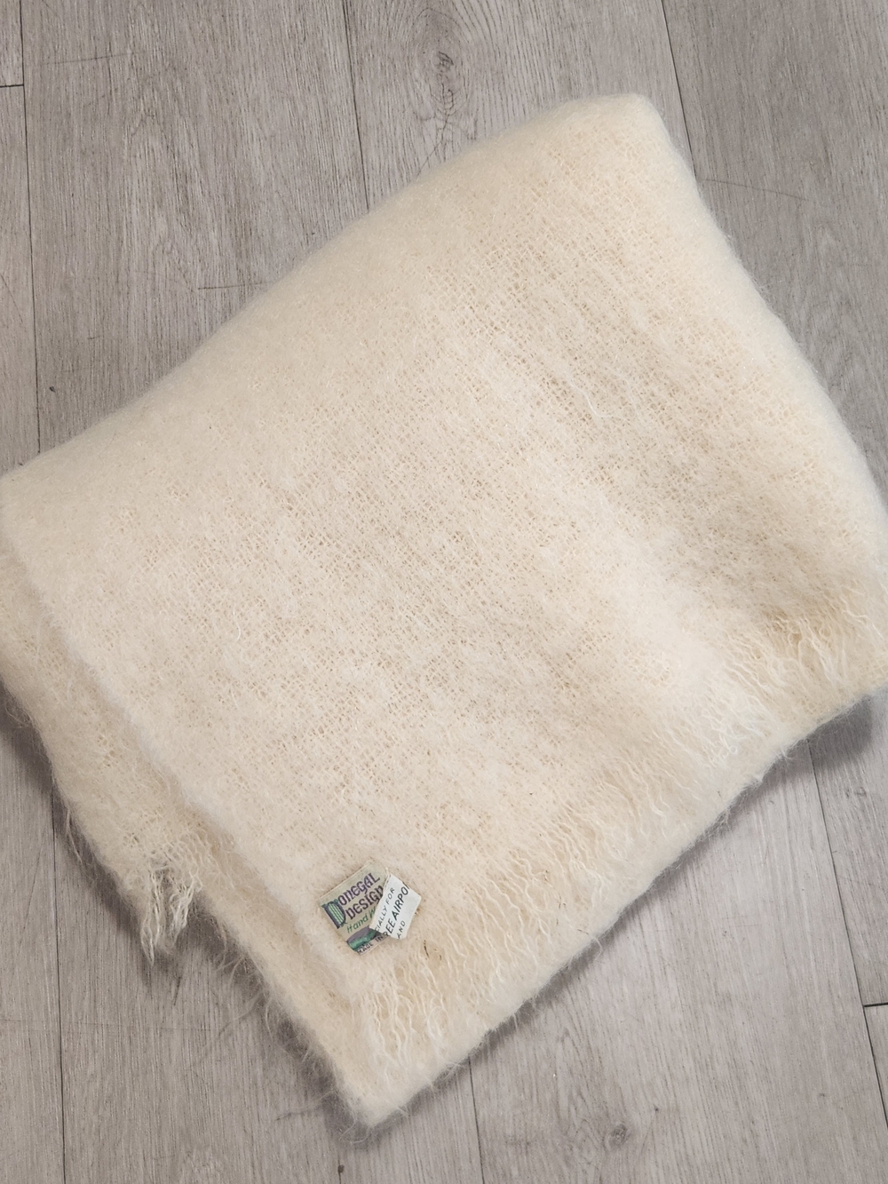 Vintage Donegal Design Ireland Hand Woven Off White Mohair Large Shawl Blanket